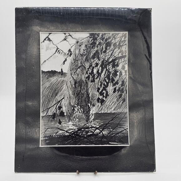 Bear in the Stream Black & White Signed Wildlife Lithograph - Nature Art Print - Picture 1 of 7